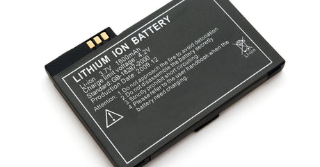A black lithium-ion battery over a plain white background. It has white text written on it indicating the voltage and amp hours.