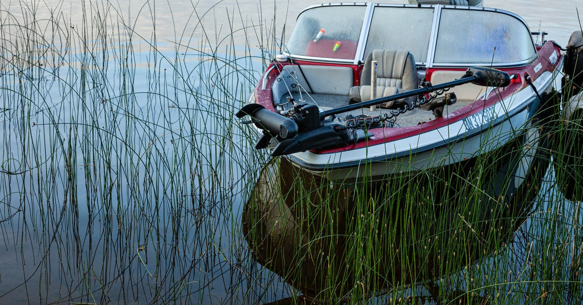A red and white boat with its trolling motor pulled up on the bow sits among tall grass near the edge of a body of water.
