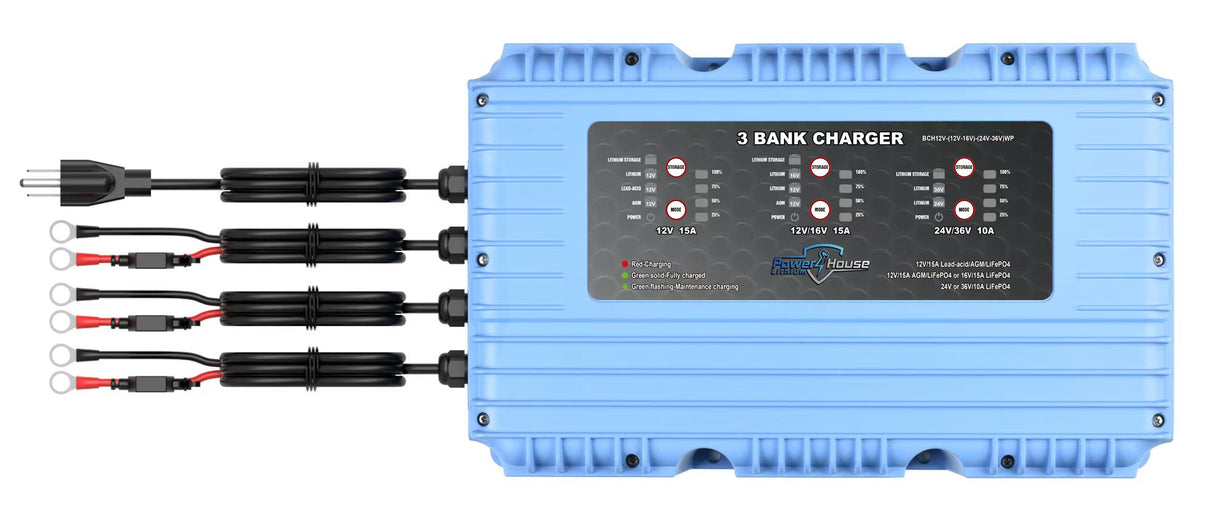 PowerHouse Lithium 12V-(12V-16V)-(24V-36V)WP 3-Bank Waterproof Battery Charger