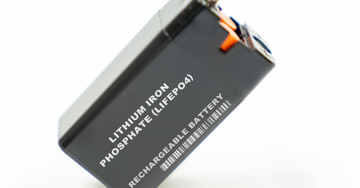 A black battery displays the words "Lithium Iron Phosphate (LIFEPO4) Rechargeable Battery" in white.