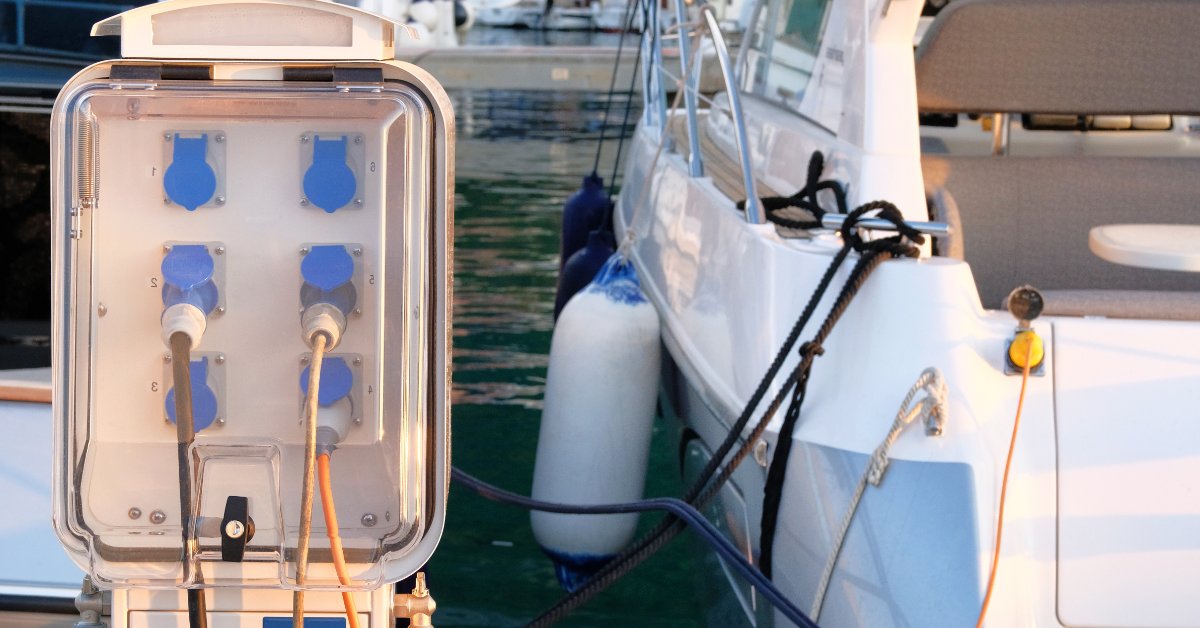A charging station with two rows of three outlets sits on a dock next to a boat. The boat has a yellow cord plugged in.