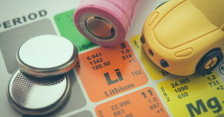Watch batteries, a pink AA battery, and a small yellow toy car sitting on top of a periodic table with "Lithium" visible.