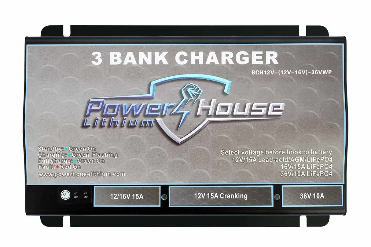 PowerHouse Lithium 12V-(12V/16V)-36V 3-Bank Waterproof Battery Charger